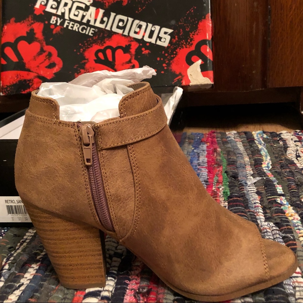 Sand colored Fergalicious open toed booties